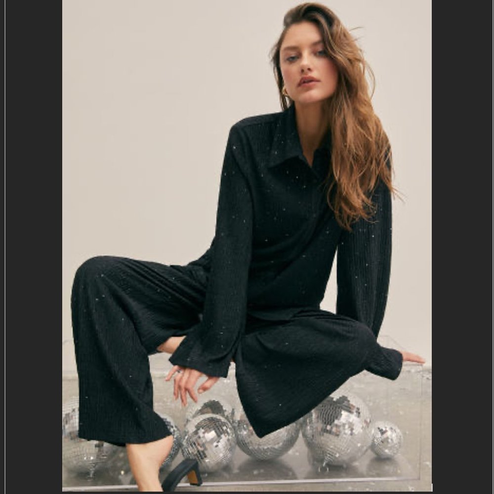 Glitter Collar Button Down Crinkle Blouse Pants S… - image 4